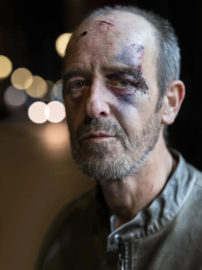 El Raval no se explica Retrato de un hombre con hematomas y heridas en el rostro, luz de bokeh nocturno, El Raval, Barcelona